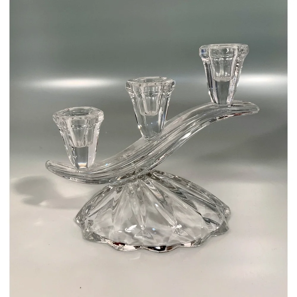 Set of 2 Anna Hutte Bleikristall 3-Light Candlesticks Cascading Glass Waves